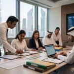 A diverse finance team in a Dubai office meticulously reviewing files, ledgers, and digital checklists for UAE audit preparation, with the Dubai skyline in the background.