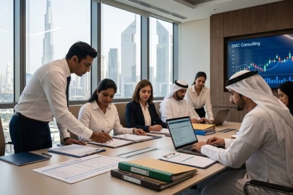 A diverse finance team in a Dubai office meticulously reviewing files, ledgers, and digital checklists for UAE audit preparation, with the Dubai skyline in the background.