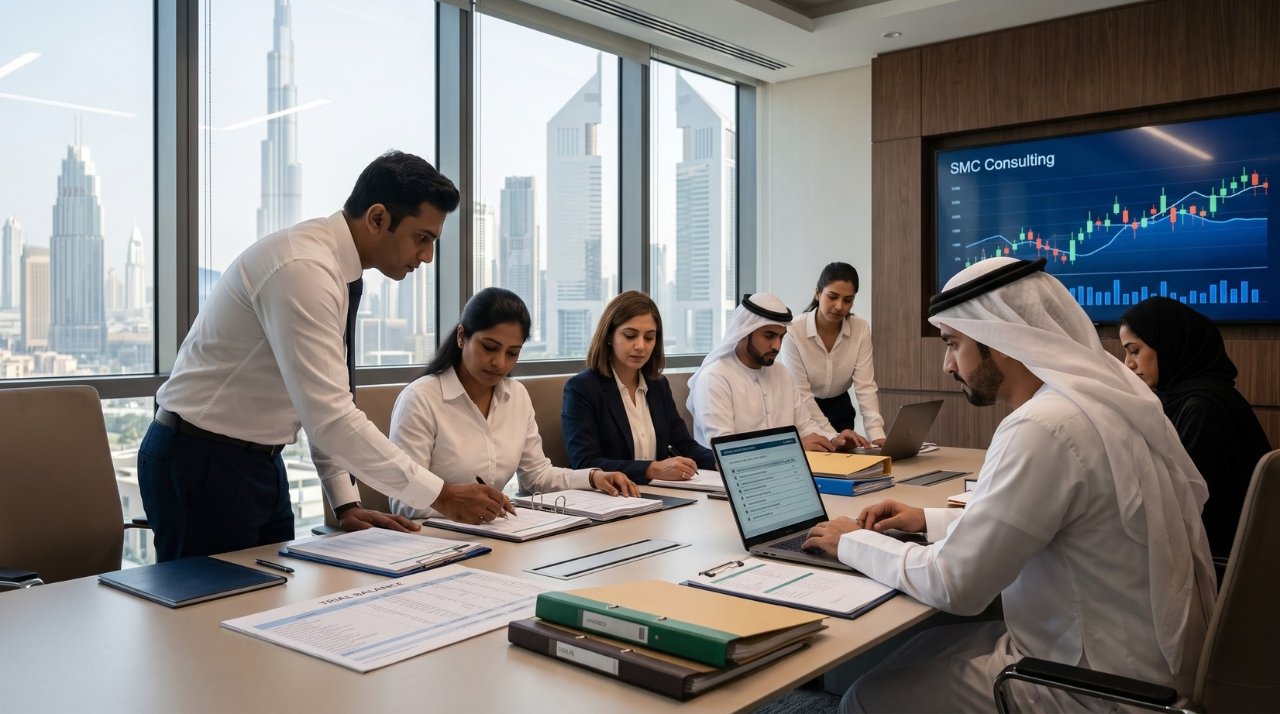 A diverse finance team in a Dubai office meticulously reviewing files, ledgers, and digital checklists for UAE audit preparation, with the Dubai skyline in the background.